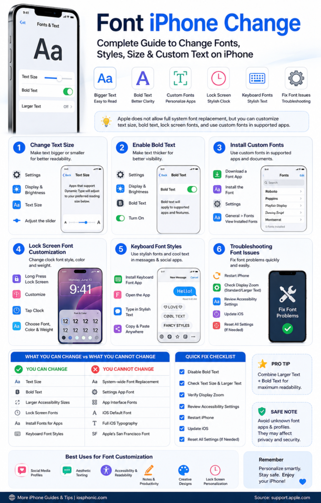 Font iPhone Change infographic showing how to change iPhone font size, install custom fonts, customize lock screen text, and fix font settings.