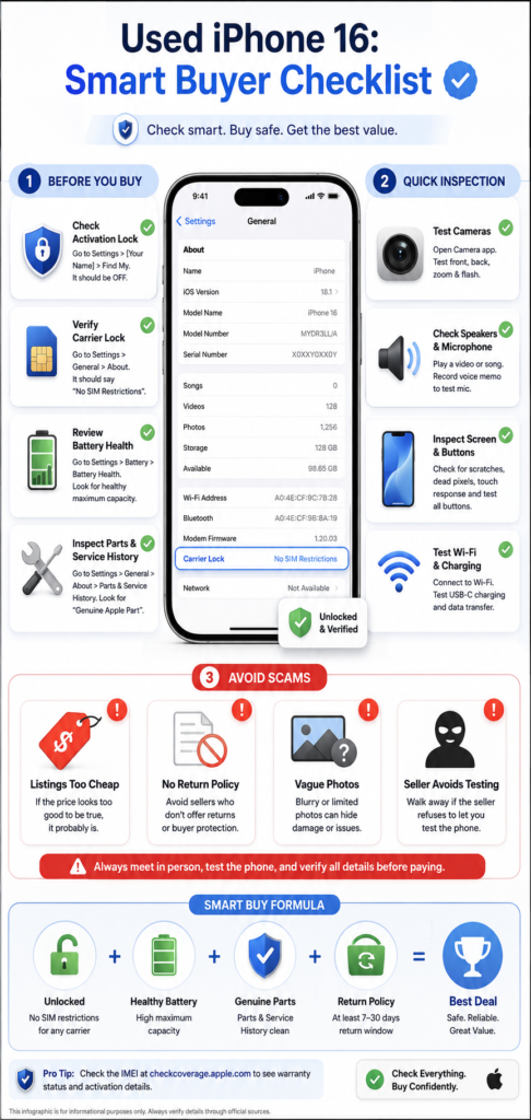 Used iPhone 16 infographic showing a buyer checklist with battery health, Activation Lock, carrier unlock status, inspection tips, and scam warnings.