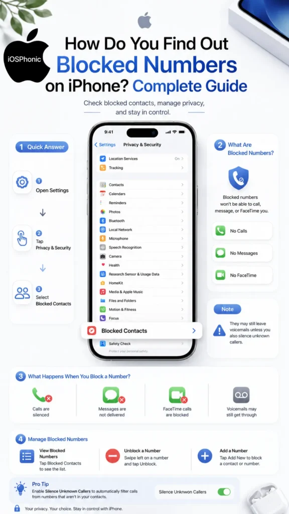 Infographic showing how to find blocked numbers on iPhone with step-by-step paths for iOS 26 and earlier, including Settings, Blocked Contacts, unblocking steps, and call filtering options.