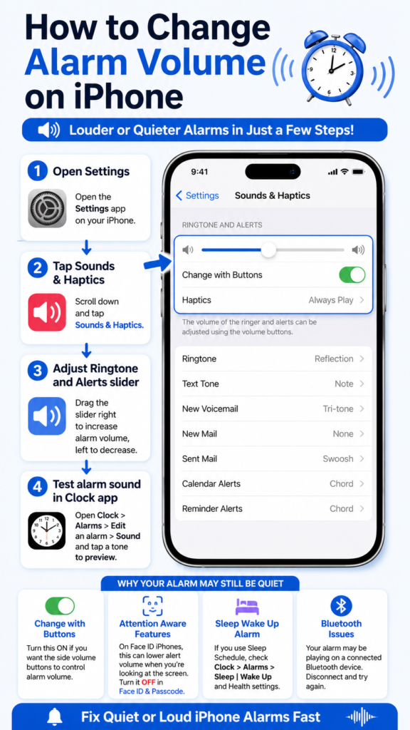 How to change alarm volume on iPhone using Sounds and Haptics settings, ringtone and alerts slider, and alarm troubleshooting tips