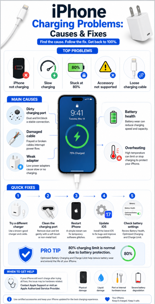 iPhone charging problems infographic showing common causes like dirty port, damaged cable, battery issues and step-by-step fixes to solve charging issues fast